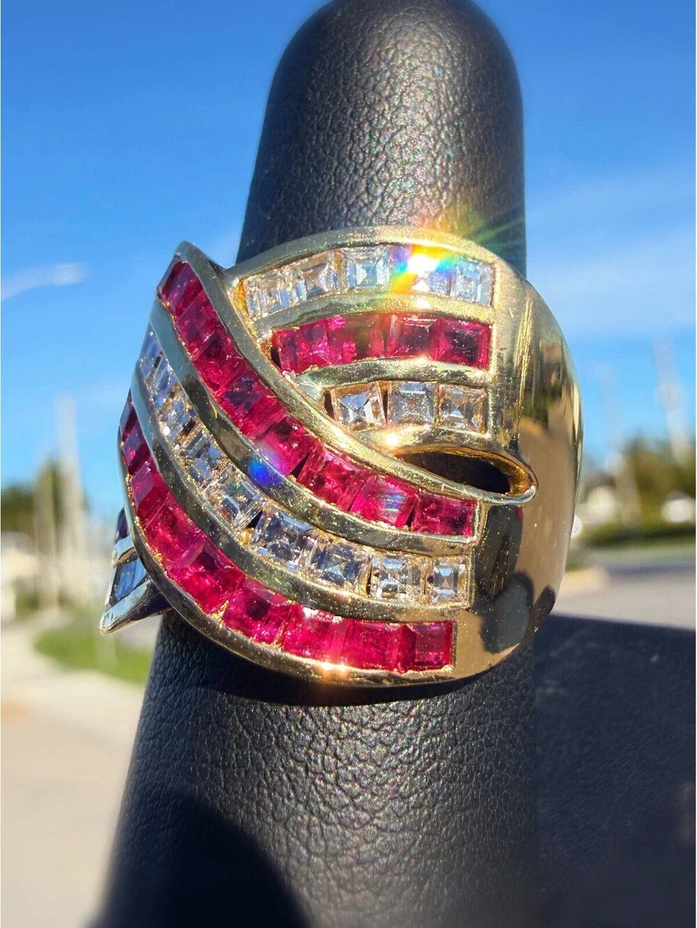 18k Yellow Gold Princess Cut Natural Diamond Ruby Crossover Cocktail Ring Sz 8